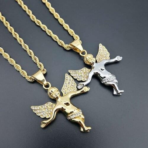 Hip Hop Rhinestones Paved Bling Stainless Steel Angel Pendants Necklaces for Men Rapper Jewelry Drop Shipping