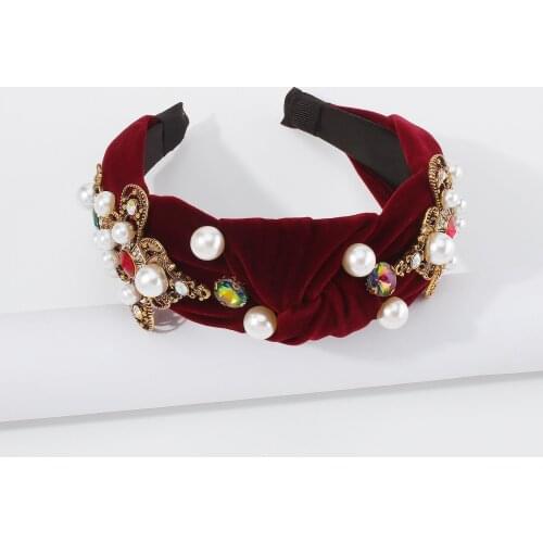 Autumn Winter Gold Velvet Fabric Simulation Pearl Red Wine Color Headband Crystal Wholesale Accessories For Women Fashion Gift