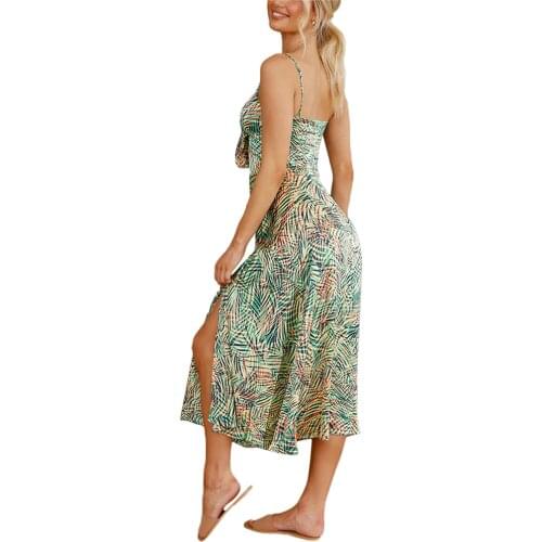 Plus Size Women Boheme High Split Dress Summer Polka Dot/Floral Spaghetti Strap Tied V-Neck Hollow Out Vestidos 2021