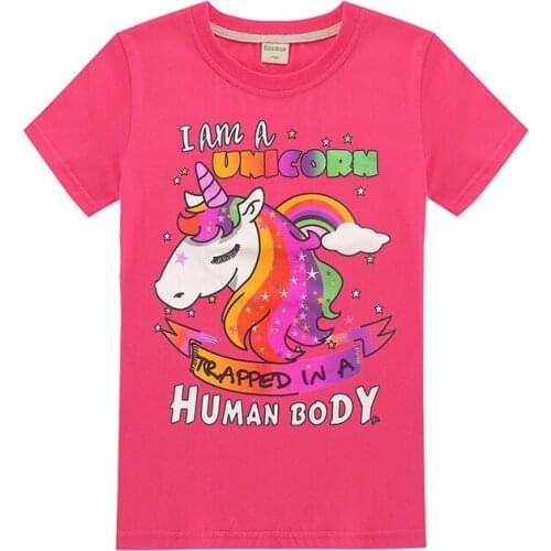 Cartoon printed Unicorn cotton short-sleeved round neck T-shirt tops girls summer sports fashion casual 4-15Y tops