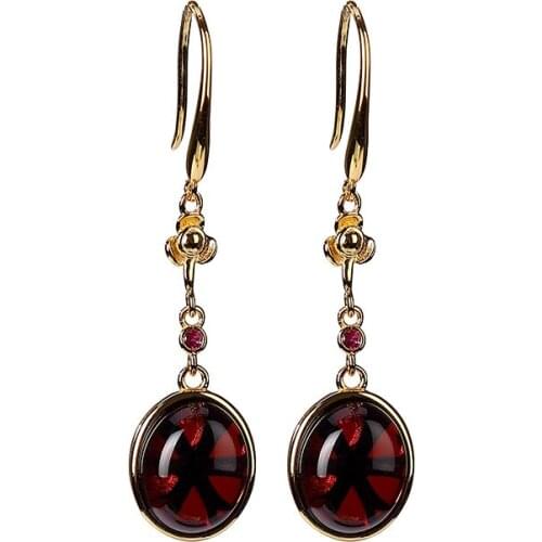 S925 sterling silver gold-plated natural blood amber earrings retro long elegant womens ear hook earrings