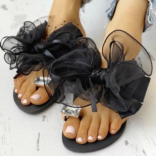 Akexiya Summer Cute Bowtie Non-Slip Sandals Slipper Flats Mules Casual Fashion Female Beach Flip Flops Black Mesh Flat Slides