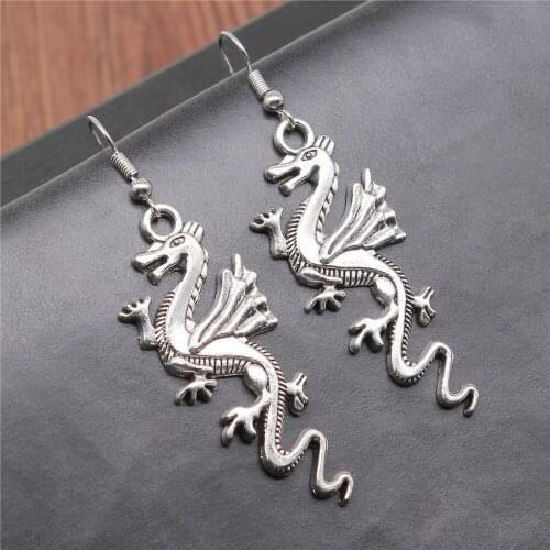 Vintage Antique Silver Color 49x20mm Dragon Charms Dangle Earrings Drop Earrings Women Party Gift Jewelry Handcrafts