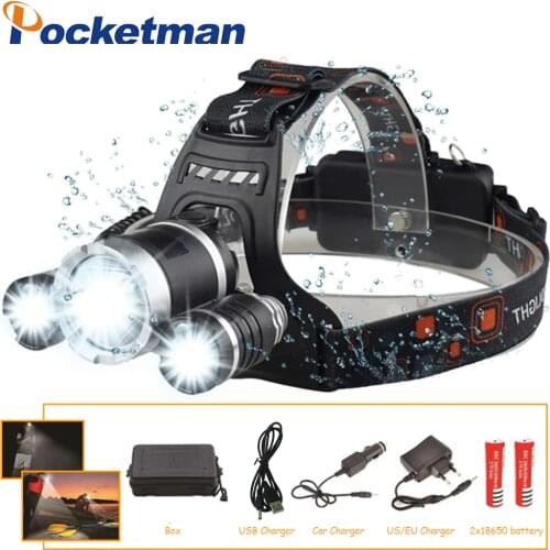 LED Headlight 12000 Lumen 3 x XML T6 LED Head Lamp Flashlight led headlamp choose battery charger for camping/hunting/fishing