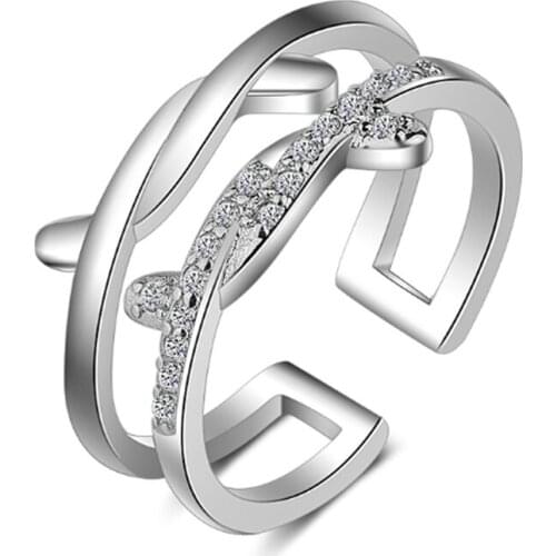 Trend simple and versatile two-color double-layer line geometry opening female models silver plated rings SA123