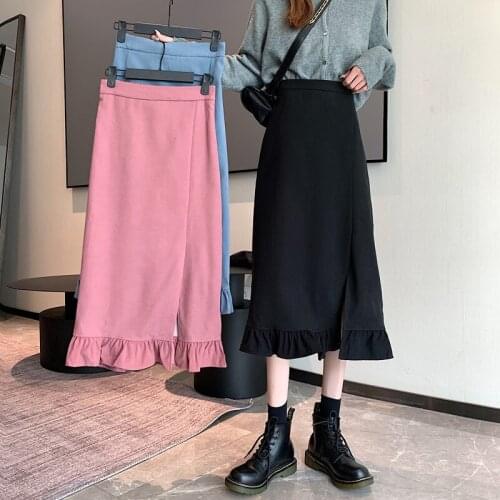 Spring and Autumn 2021 new retro high waist thin ruffled temperament split black mid-length skirt Medieval dress