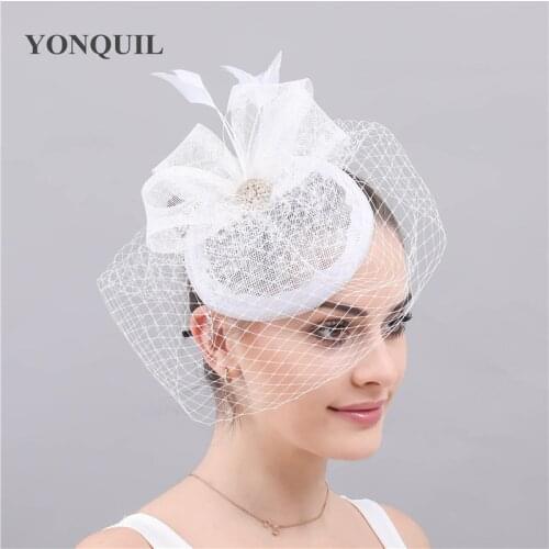 Bridal Married Wedding White Fascinators Chapeau Veils Hats Elegant Ladies Women Occasion Church Mesh Feather Headwear Headbands