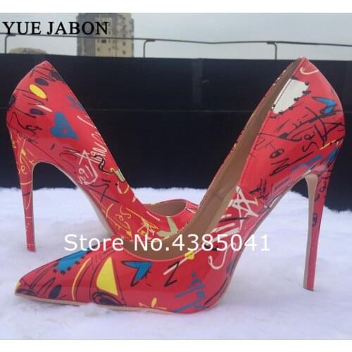 YUE JABON Artistic Graffiti Print Women Sexy Stiletto High Heels Red Ladies Party Dress Pointed Toe Pumps Shoes Real Pictures