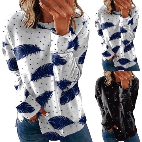 Women Long Sleeve Round Neck Feathers Hearts Printing T-Shirt Tops Winter Regular Polyester Daily All-match Lovely Girls T-shirt