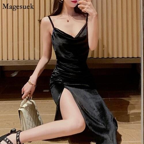 Women Evening Party Velvet Dresses Women A Line V-Neck High Waist Midi Sling Dress Backless Black Split Sexy Dress Vestido 15150
