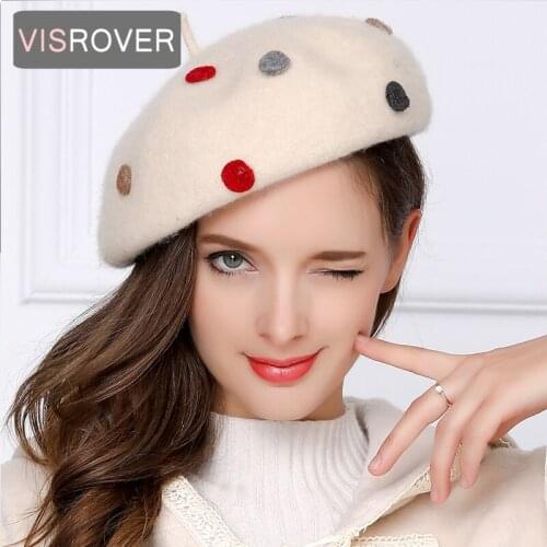 VISROVER woman wool winter beret female colorful dot wool cap autumn winter hat solid color top quality Women Boina wholesales