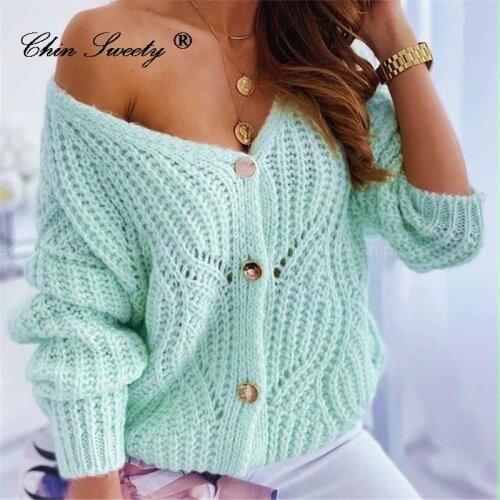 Knitted V-neck Womens Sweater Hollow Out Drop Shoulder Long Sleeve Cardigan For Women 2021 Autumn Winter Loose Ladies Sweaters