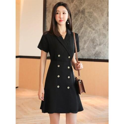 Female Summer Black Work Dress Double-breasted Suit Professional Dress Temperament Goddess Fashion Slim Office Ladies Wear K625