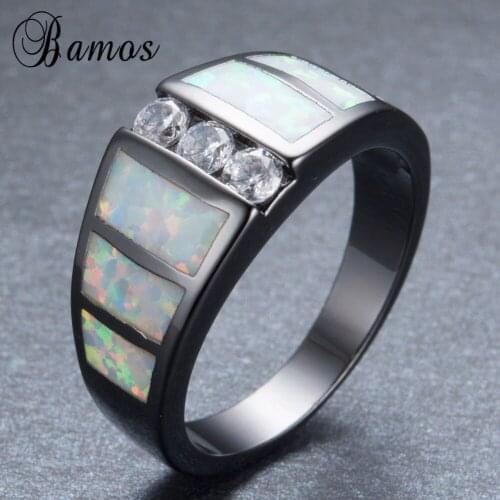 Bamos Women Men Rainbow Fire Opal Finger Ring Black Gold Filled Wedding Party Engagement Zircon Ring Valentines Day RB1118