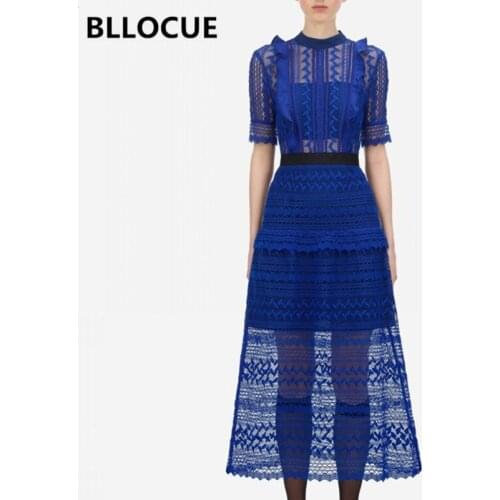BLLOCUE Self portrait 2020 Summer Blue Lace Dress Women Short Sleeve Elegant Hollow Out See Through Runway Long Dress