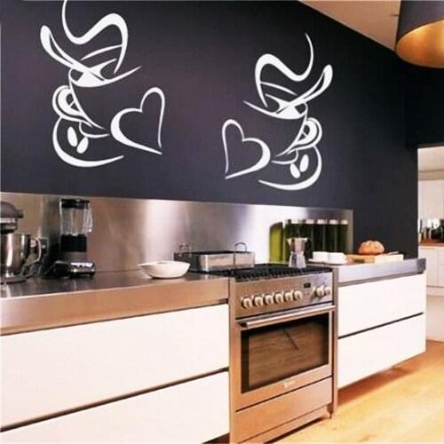 1pair Kitchen Wall Stickers Coffee Cup with Heart Sticker For Cafe Oven Dining Hall DIY Vinyl Adhesive Wall Art Decoration Decal