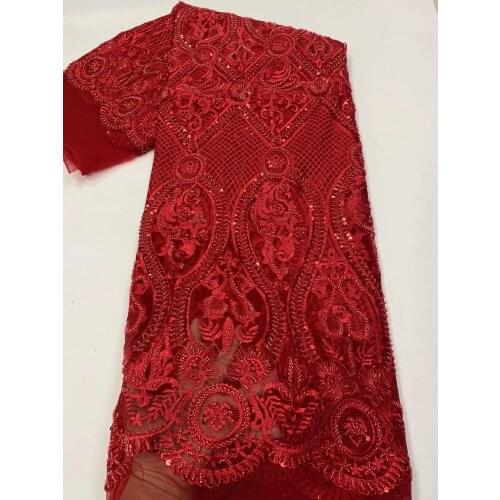 Big Red Nigerian Mesh Lace Fabrics African Handmade Beads/Sequins Laces Fabrics High Quality French Tulle Lace Fabric For Bridal