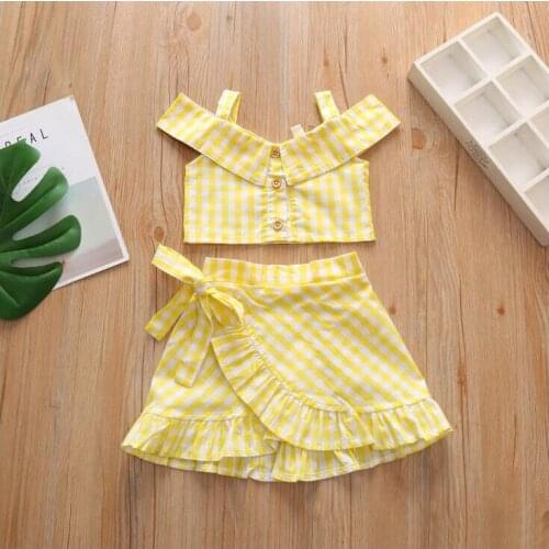 Camisole and Skirt Suit Cotton Sling Sleeveless Ruffle Grid Yellow White Color Block Skirt Fashion Girls Clothes Gifts for Kids