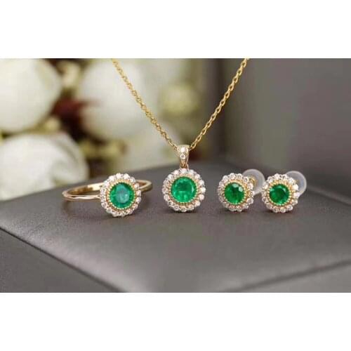 Natural green emerald gem Ring Pendant earrings Natural Gemstone Jewelry Set S925 Silver elegant Simple round girl party jewelry