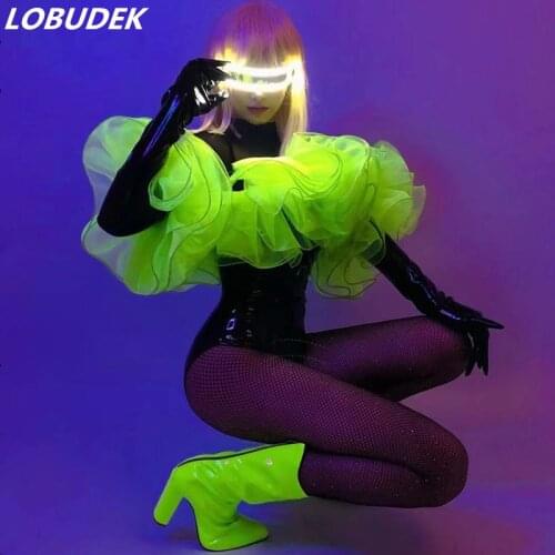 Bar Nightclub Sexy Fluorescent Green Dance Costume Black Leather High Slit Bodysuit Gloves Festival Rave Stage Outfit For Dancer