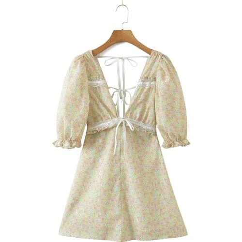 Summer Womens Lace-up Printed Lace Stitching Wood Ear Mini Dress Sexy Hollow Deep V Small Floral Dress