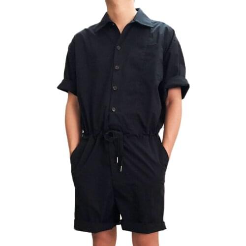 Fashion Mens Rompers Short Sleeve Male Drawstring Waist Jumpsuit Cargo Short Single Breasted Tops Trousers One-piece Overalls