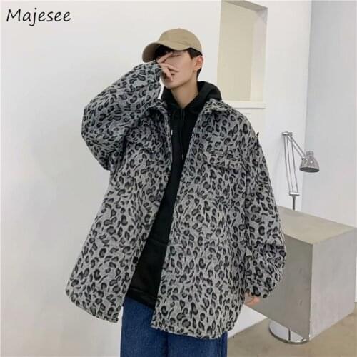 Men Wool Leopard Single Breasted Pockets Turn-down Collar Long Sleeve Sanding Chic Korean Style Fashion Casual Male Overcoats