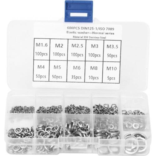 600Pcs M1.6/M2/M2.5/M3/M3.5/M4/M5/M6/M8/M10 Elastic Washer Stainless Steel Gasket Spring Pad Assortment Set