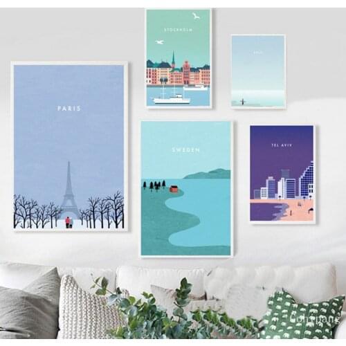Wall Art Print Hd Nordic Painting Style Cartoon Paris Stockholm Surfing Scenery Travel Poster Modular Canvas Pictures Home Decor