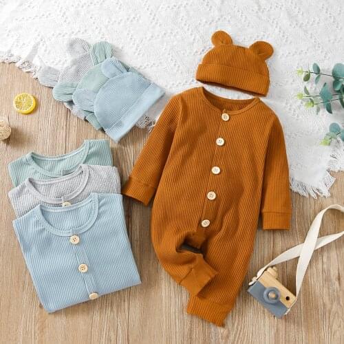 2021 Autumn Baby Boys Girls Jumpsuits Hat 2pcs 0-24M Solid Long Sleeve Single Breasted Rompers Overalls 4 Colors