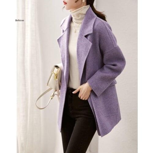 Solid Blends Women Purple Elegant Loose Sash Korean Style Chic Trendy Popular Double Breasted Winter Warm College Students Lady