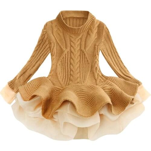 Girl Autumn Winter Knitted Sweaters Dress Tutu Kids Dresses Brown Christmas Clothes Children Princess Party Dress