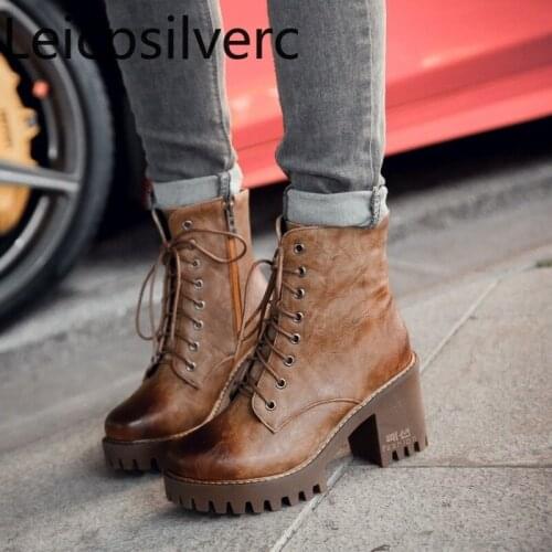 Autumn Winter British style Retro Martin boots Thick heel Short boots High heel Lace-up womens boots plus size 34-43 high 8cm
