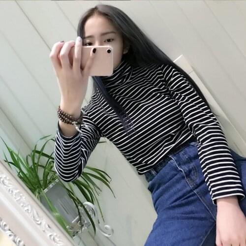 Autumn Korean Style Womens long-sleeved striped turtleneck t-shirt Women Harajuku Striped High Neck Female Casual Top Plus Size