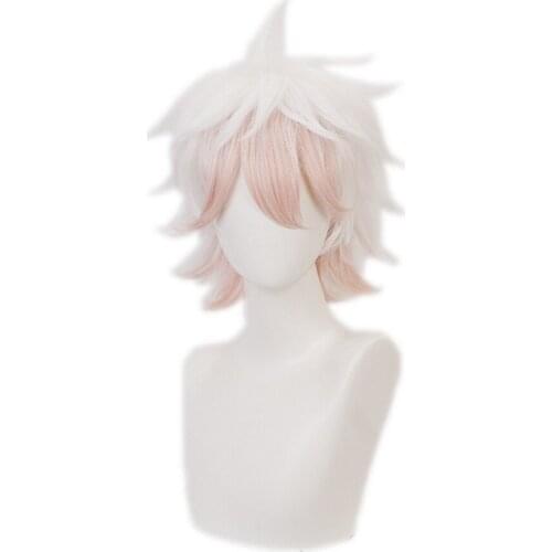Anime Nagito Komaeda Danganronpa Short Cosplay Wig Synthetic Hair White Pink Ombre Halloween Party Wigs Adult Peruca