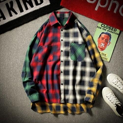 TANG 2019 Autumn High Street Hip Hop Oversized Couple Shirt Male Japan Harajuku Vintage Plaid Patchwork Shirts Men Women