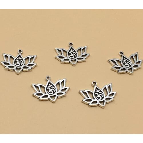 10pcs 16mm Lotus OM OHM Yoga Charms Antique Silver Color Tone Metal Alloy Pendant Accessories DIY Handmade Necklace Jewelry