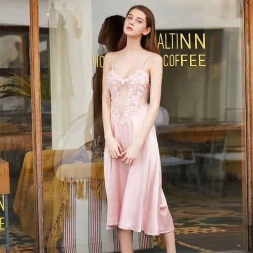 Sexy Dress for Sex Night Women Lace Nightwear See Through Nightgown Sleepwear Pink Satin Lingerie Summer Nighty Negligee