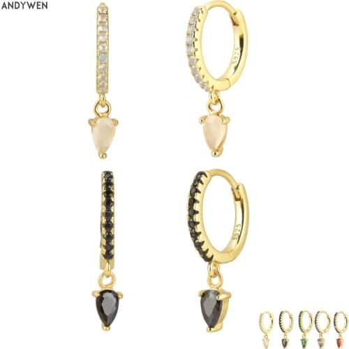 Andywen 100% 925 Sterling Silver Gold White Black Zircon Piercing CZ Ovals Drop Earring 2020 Rock Punk Fashion European Jewelry