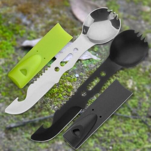 Self Survival Tool Tactical Camping Spoon Fork Outdoor EDC Stainless Steel Spoon Fork Bottle Opener Whistle Defense