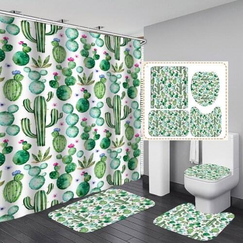 Cartoon Cactus Home Use Shower Curtain No Slip Euro Style Rug Mat Lid Toilet Cover 180cm Bathroom Curtain Waterproof Polyester