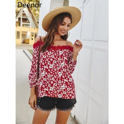 Deenor Women Off Shoulder Long Sleeves Vintage Floral Print Tops Loose Blouse Shirt One-shoulder Sling Boho Clothing Blouses