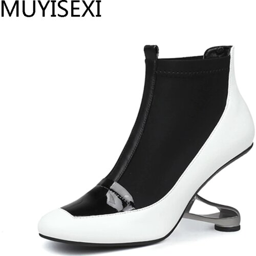 Women Ankle Boots 9 cm Metal High Heels Genuine Leather + Stretch Fabric Black White Botte Femme Botas Mujer HL133 MUYISEXI