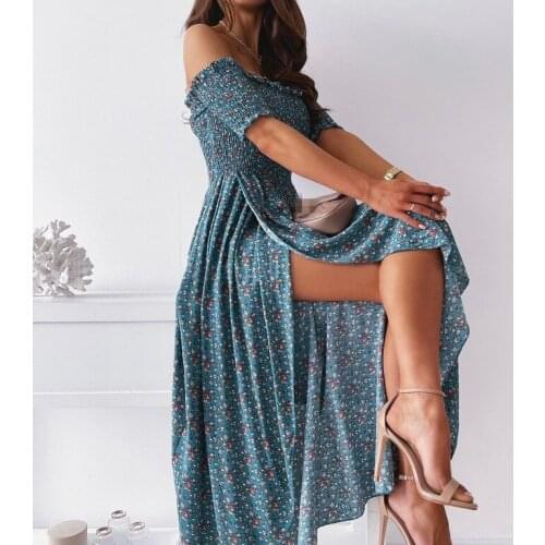 Women Floral Print Long Dress Sets Sexy Off Shoulder Maxi Dress Party Casual Elastic Split Irregular Female Elegant Dresses