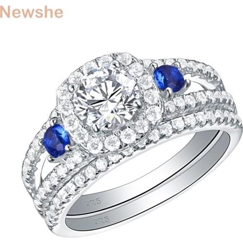 Newshe 925 Sterling Silver Wedding Rings For Women Classic Jewelry Round Cut Blue Side AAA Zirconia Engagement Ring Bridal Set