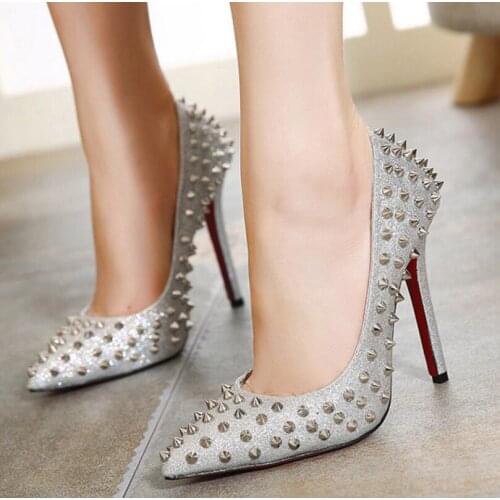 2020 NEW PU leather high heeled lady pumps Rivet pointed toe woman party shoes slip-on sliver color wedding shoes pumps