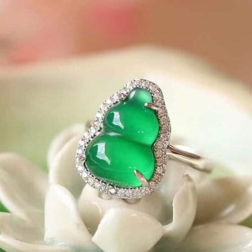 NATURAL GREEN JADE RING WITH 925 STERLING SILVER DIAMOND RINGS FOR WOMEN RESIZABLE RING HIGH QUALITY ADD CERTIFICATE