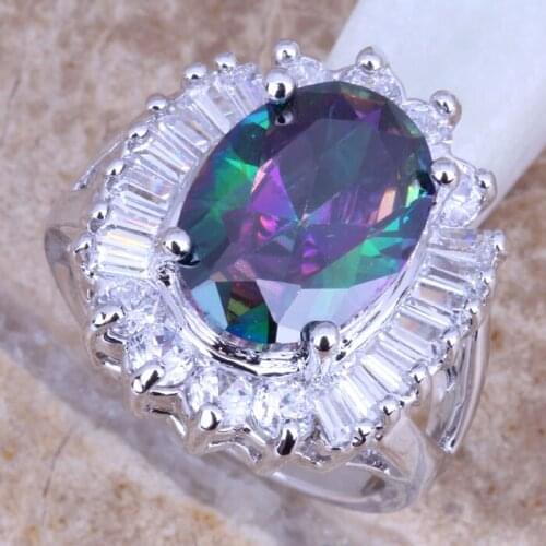 Big Rainbow Cubic Zirconia Silver Plated Womens Ring Size 6 / 7 / 8 / 9 E825