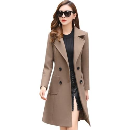 Woolen coat women khaki black S-3XL plus size fur collar 2020 autumn winter new fashion slim long wool clothing feminina LD1423