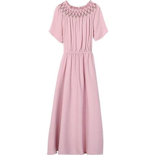 2019 New Womens Chiffon Dress Korean Slash Neck Retro Large Size Short Sleeve One Shoulder Elegant Dresses Female Summer L317